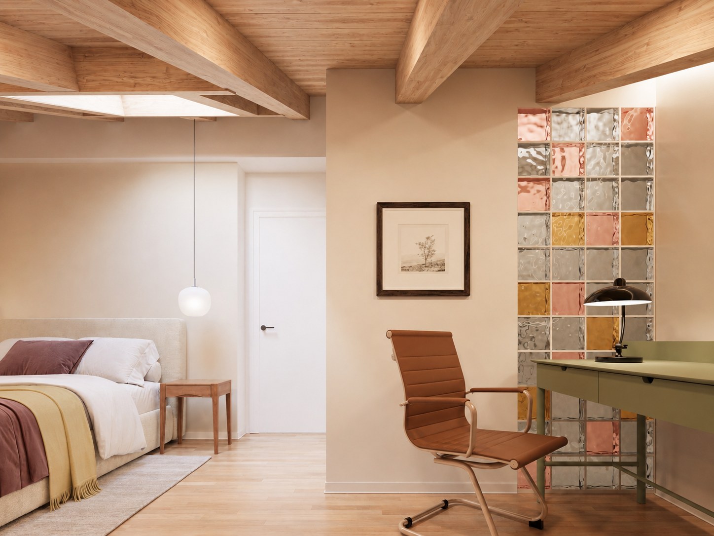 Attic bedroom and work area with exposed beams, green worktable and coloured glass block screen