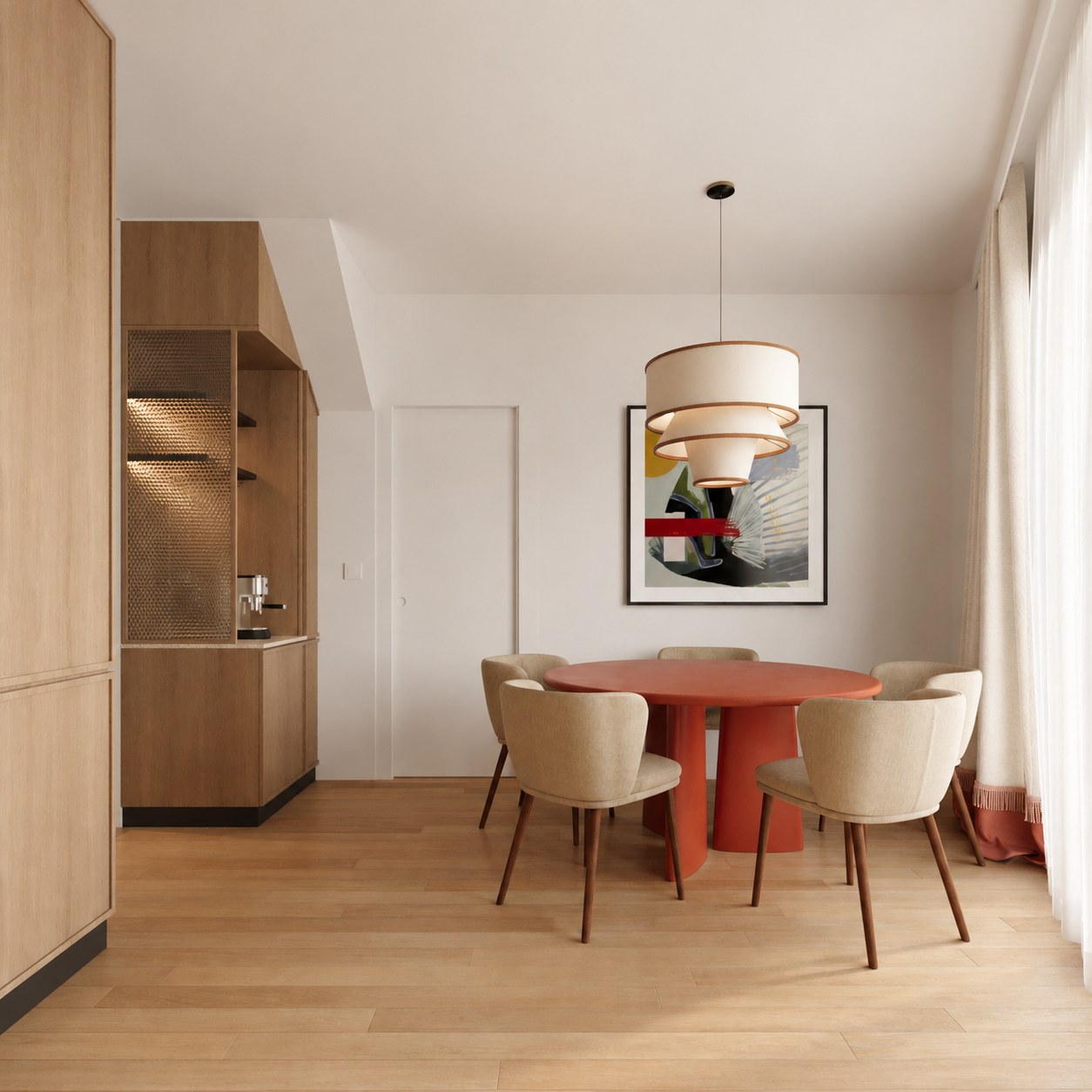 Daytime dining area with red round table, upholstered chairs, timber bar niche and curtain wall