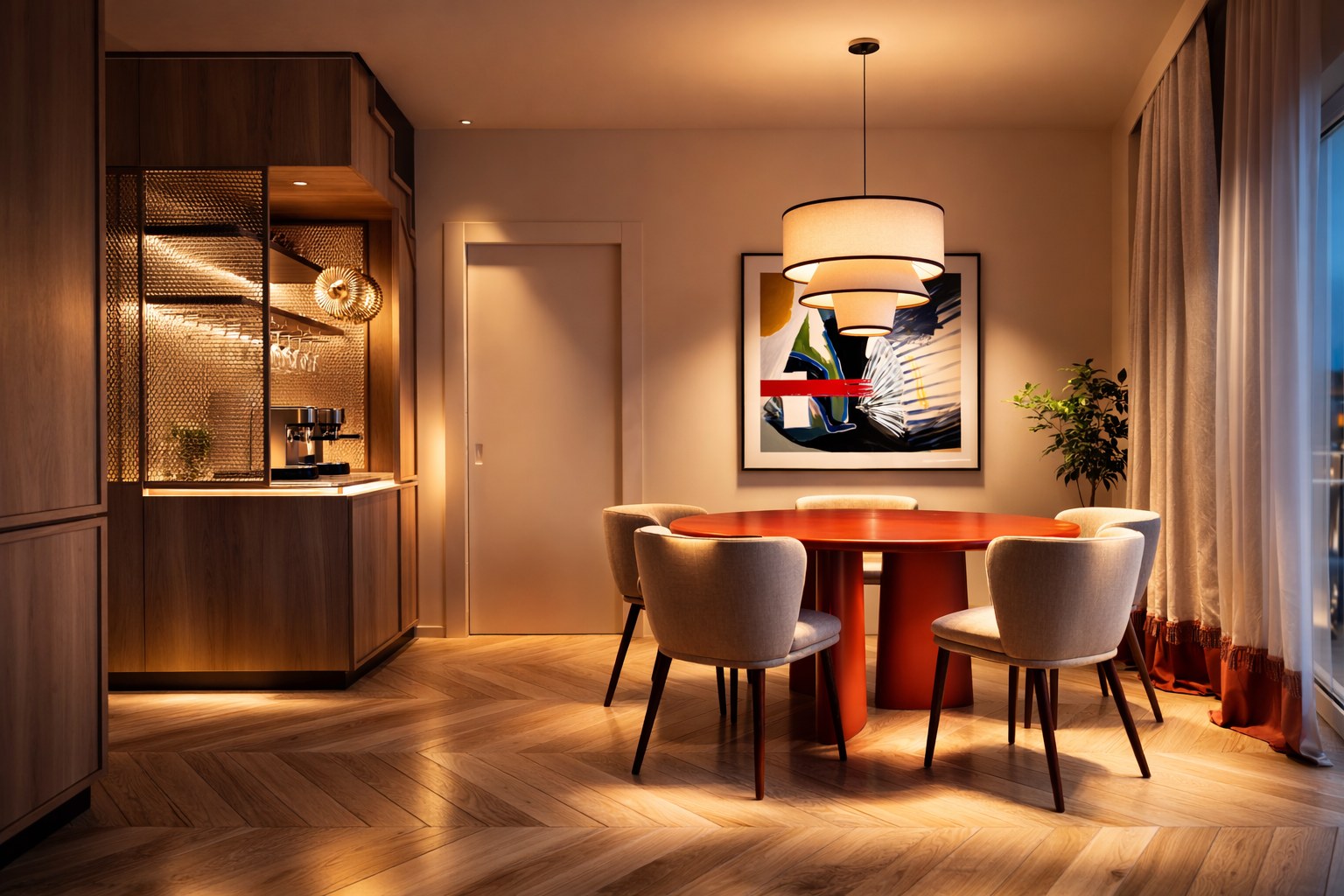 Dining room at Milan Villa in the evening, with a round red table, warm timber joinery and layered lighting