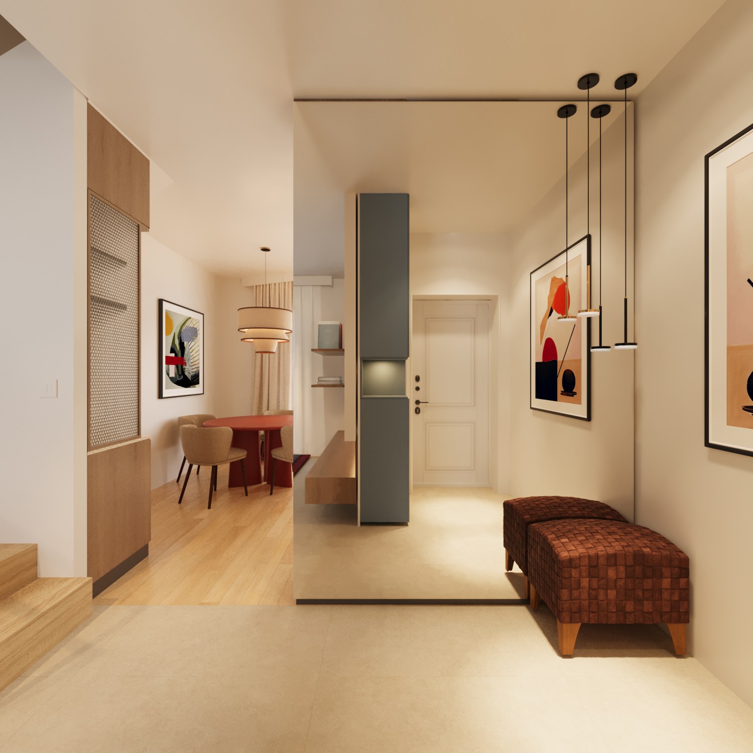 Entrance with a large mirror, grey vertical joinery, hanging pendants and woven stools