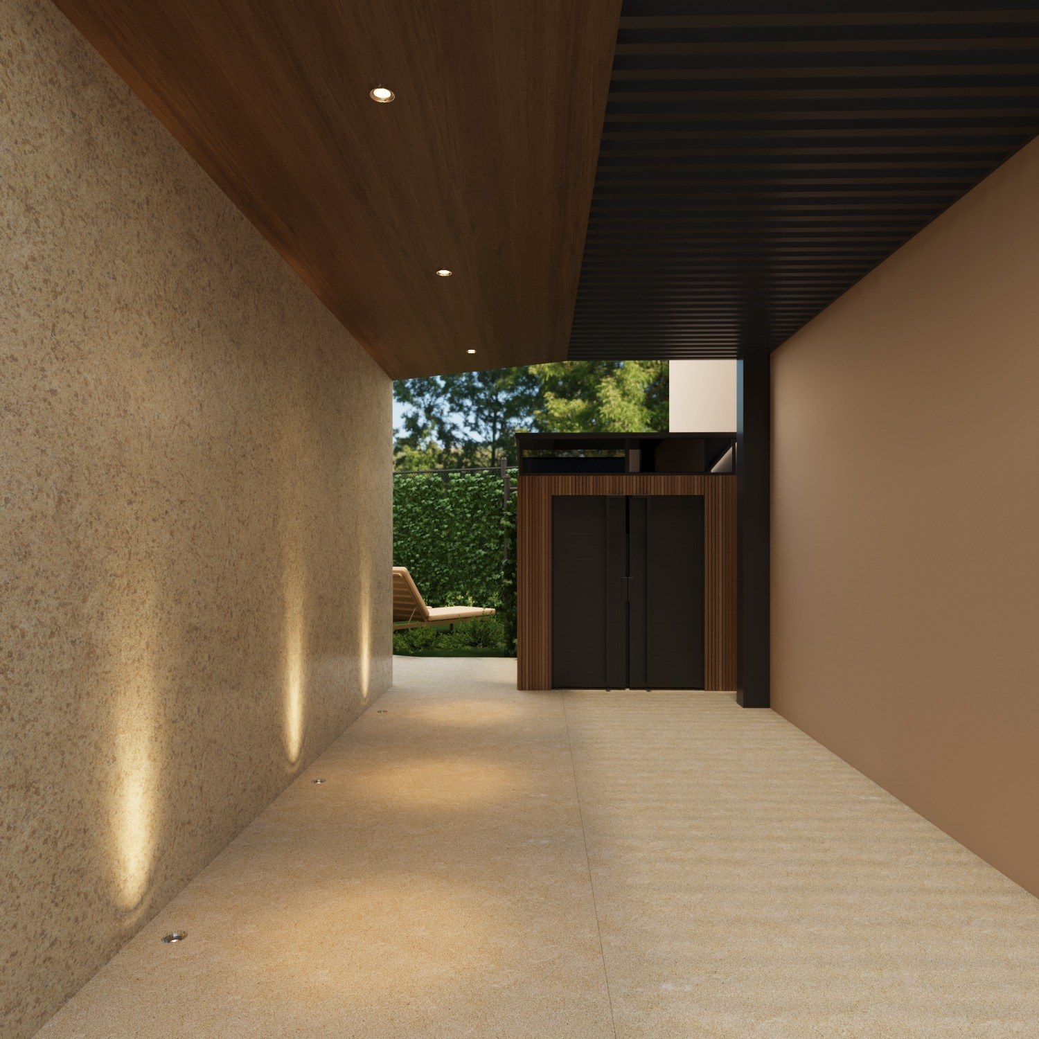 Covered exterior passage with textured wall, timber soffit, architectural uplights and view toward the garden
