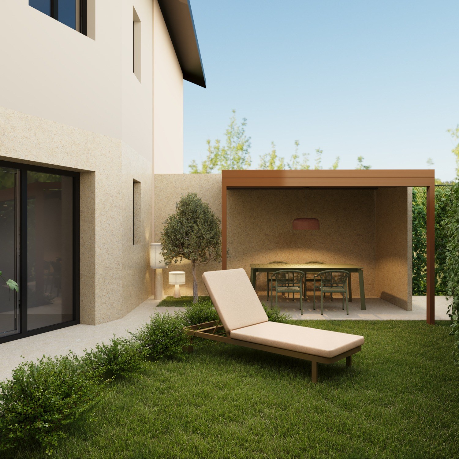 Garden with a shaded dining structure, lounge chair, planting and direct connection to the house