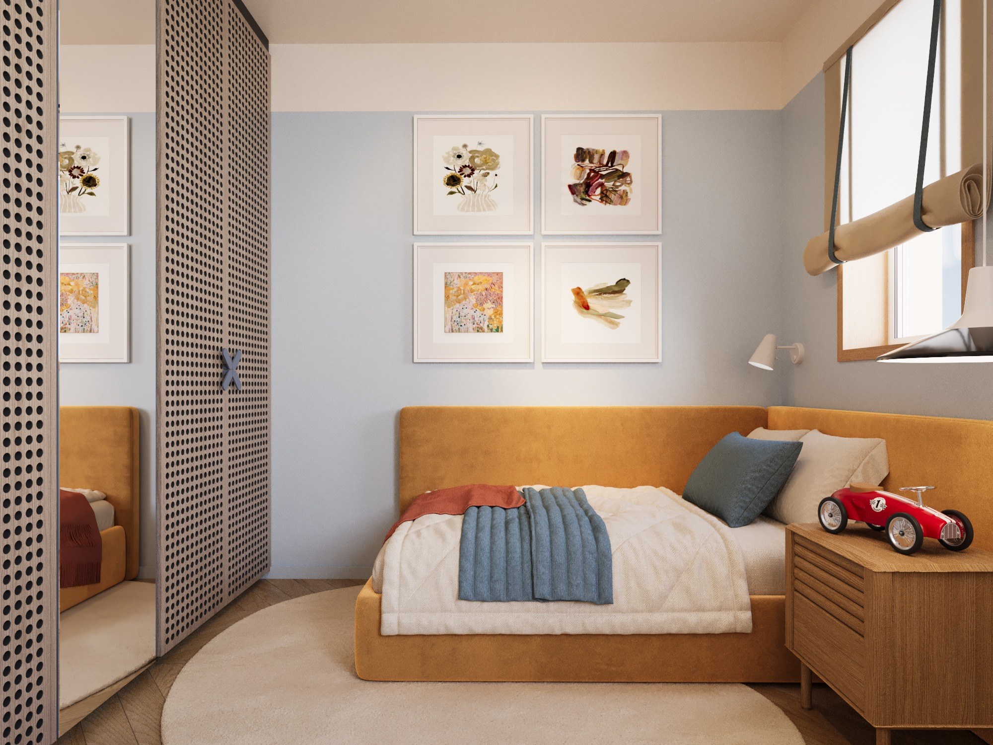 Children's room with daybed, perforated wardrobe panel, framed art and mustard upholstery
