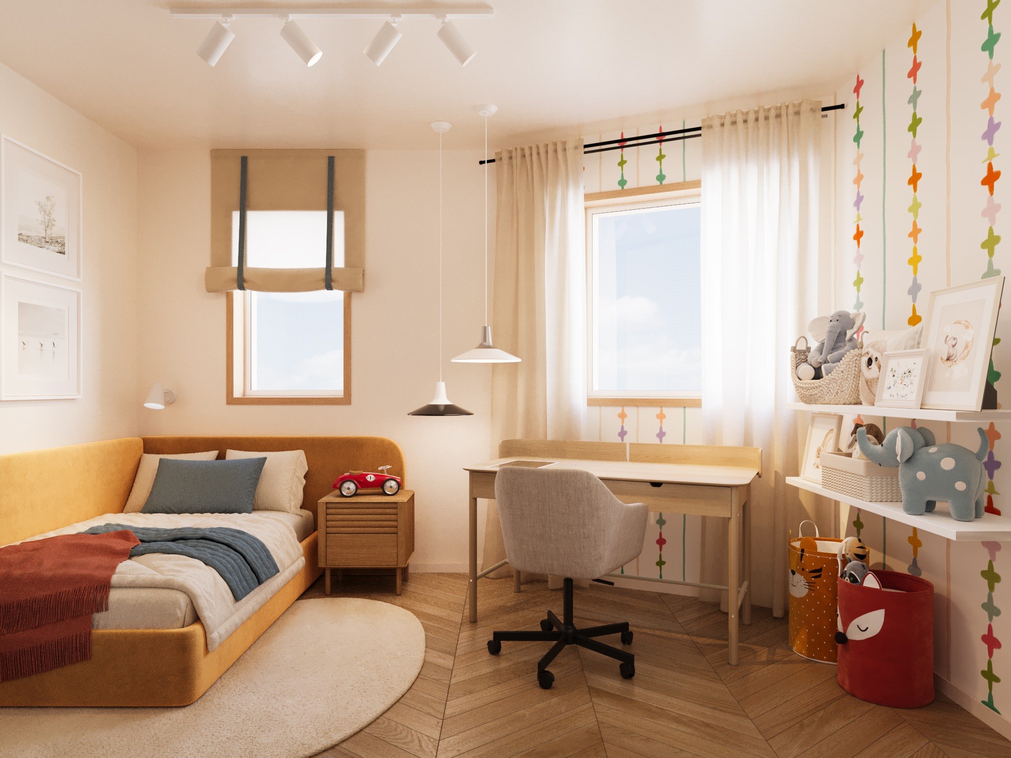 Children's room with a daybed, desk, soft curtains, shelves and colourful wall details