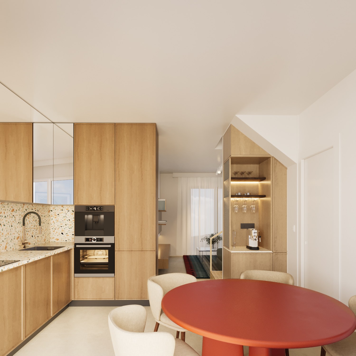Kitchen and dining area with timber cabinetry, terrazzo surface, red table and integrated coffee niche