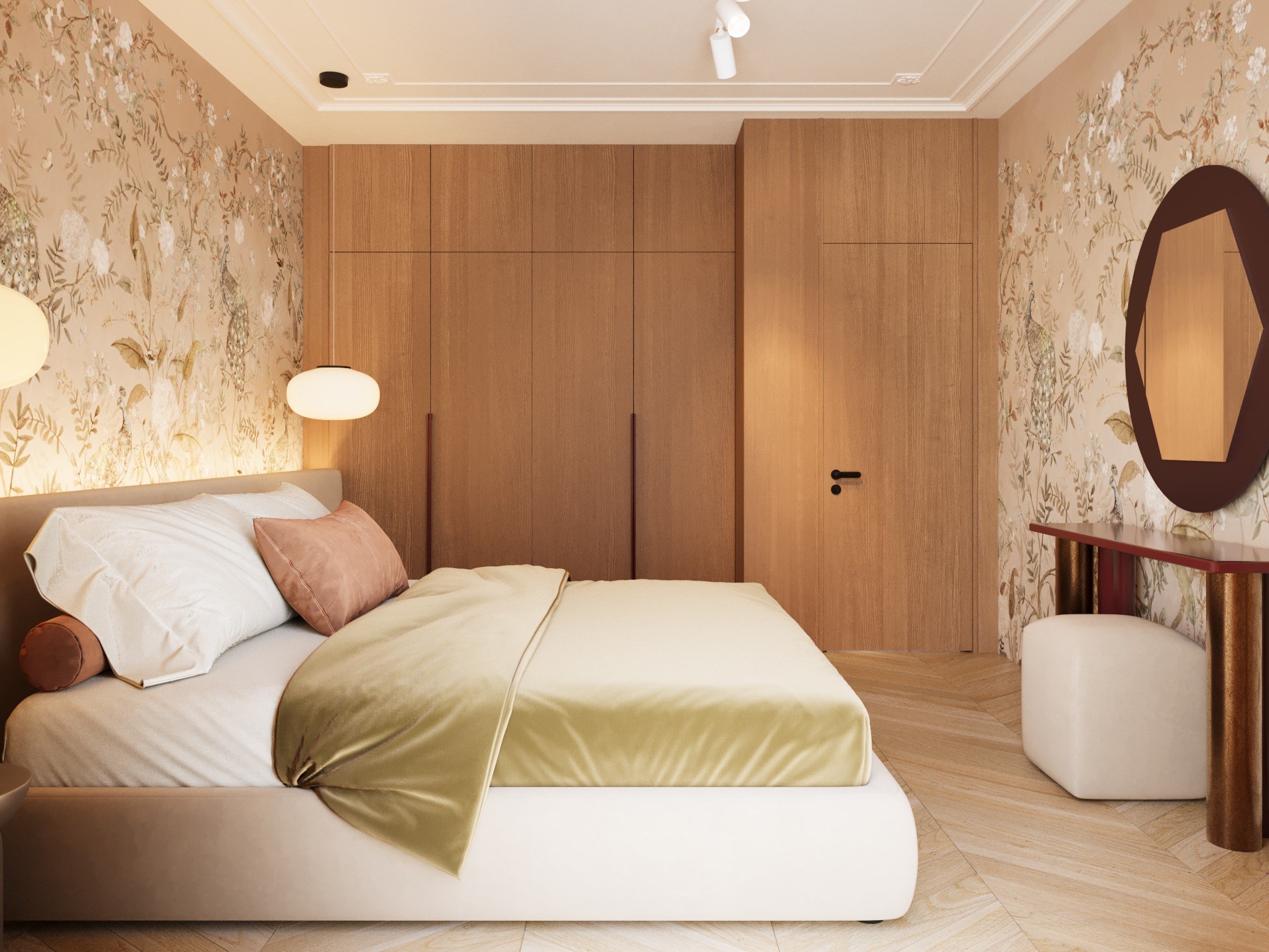 Master bedroom with botanical wall treatment, timber doors, low bed and sculptural vanity