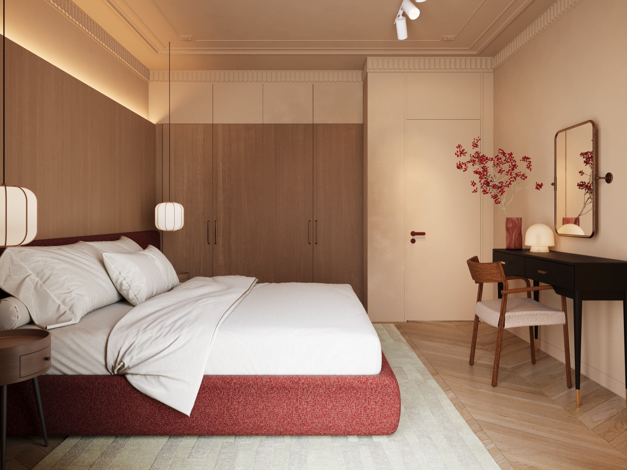 Master bedroom with timber wardrobes, traditional ceiling mouldings, upholstered bed and deep red accents
