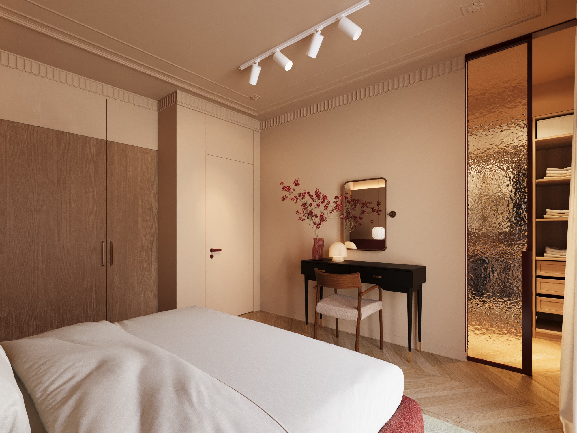 Master bedroom vanity area with a black desk, wall mirror and textured glass transition toward the wardrobe