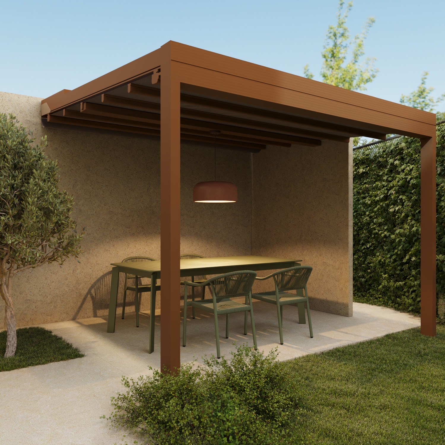 Pergola dining area with terracotta frame, green table and chairs, pendant light and planted boundary