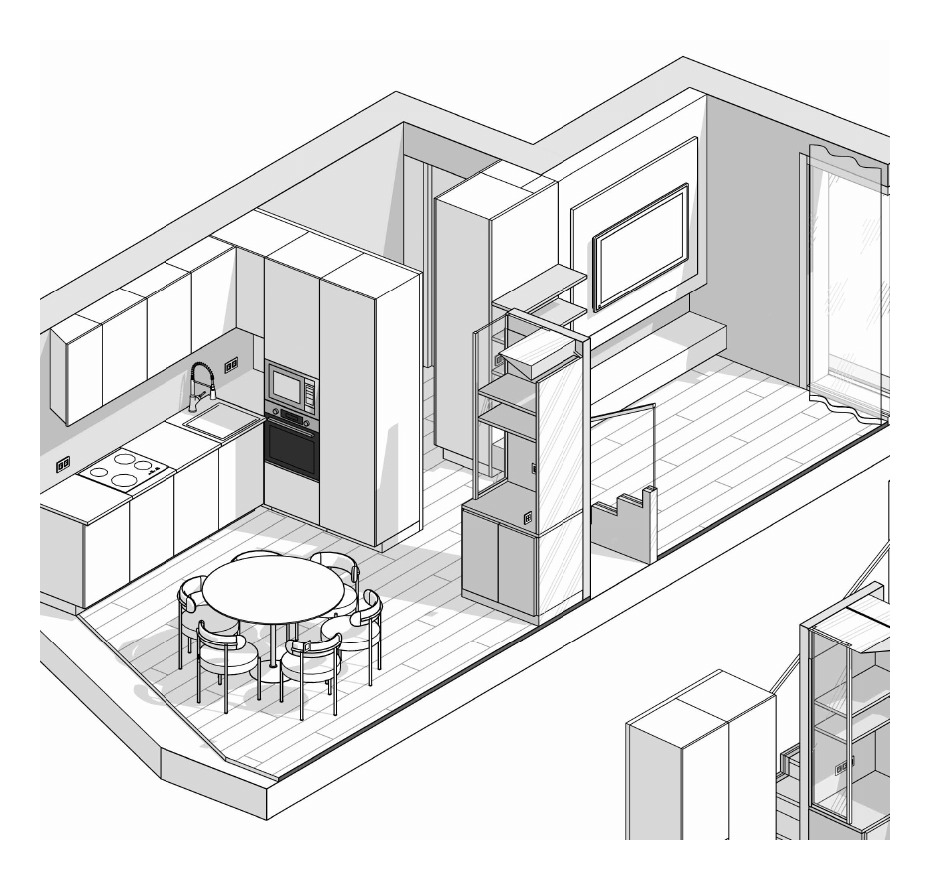 Spatial axonometric drawing showing kitchen, dining, stair and living relationships on the ground floor