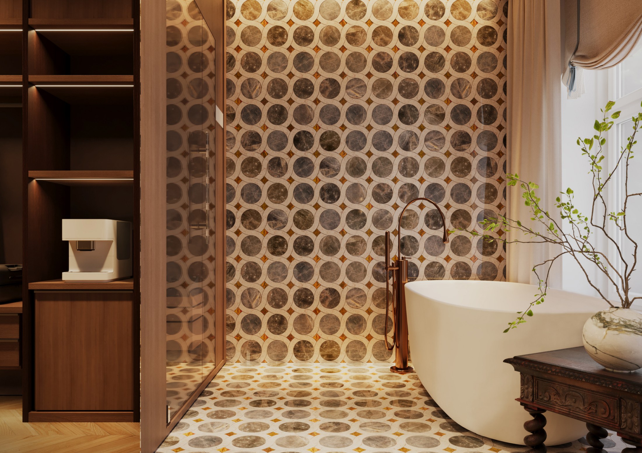 Freestanding bath beside patterned stone, natural light and the private sauna volume