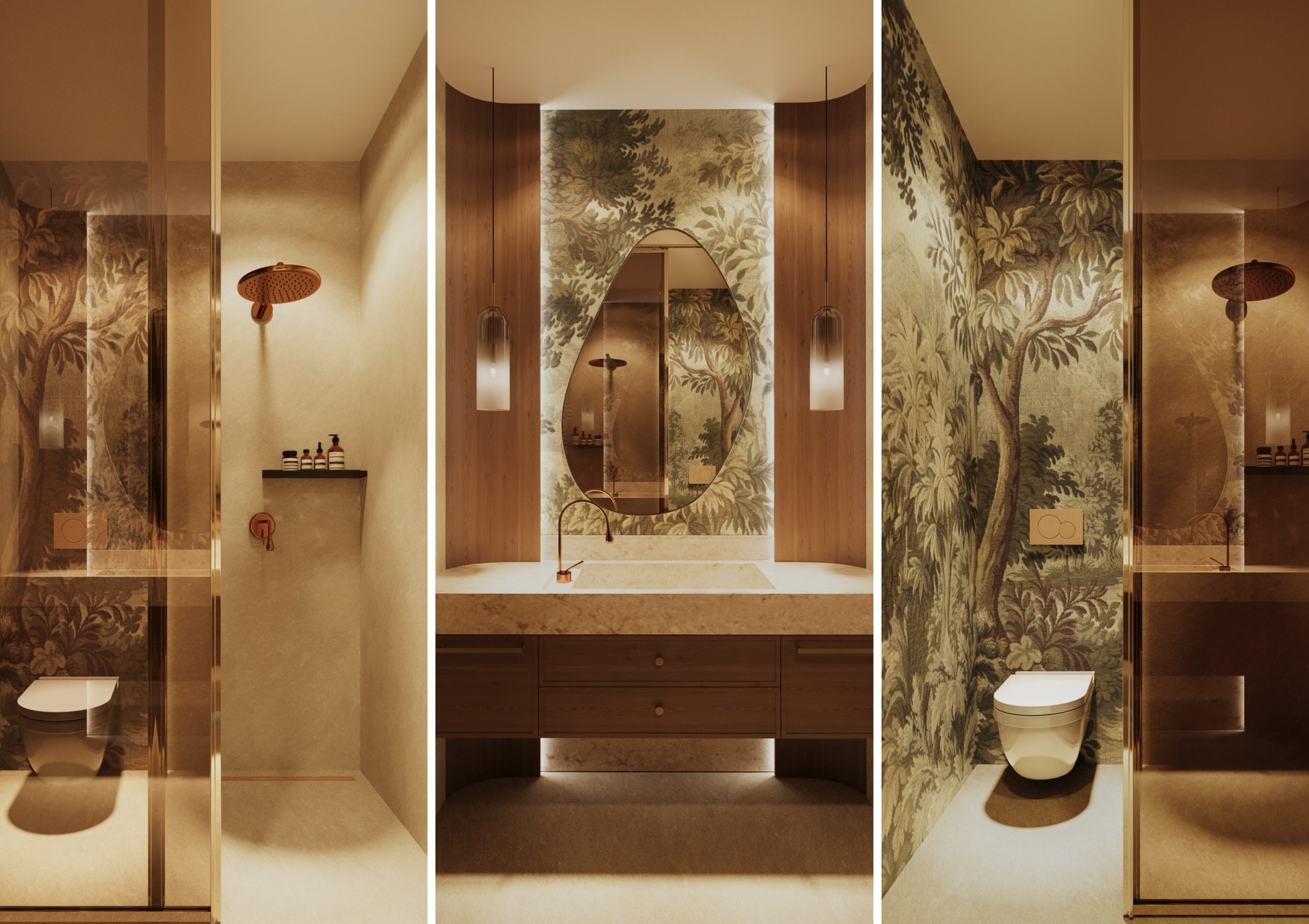 Bathroom views with shower, vanity, decorative wallcovering and warm timber joinery