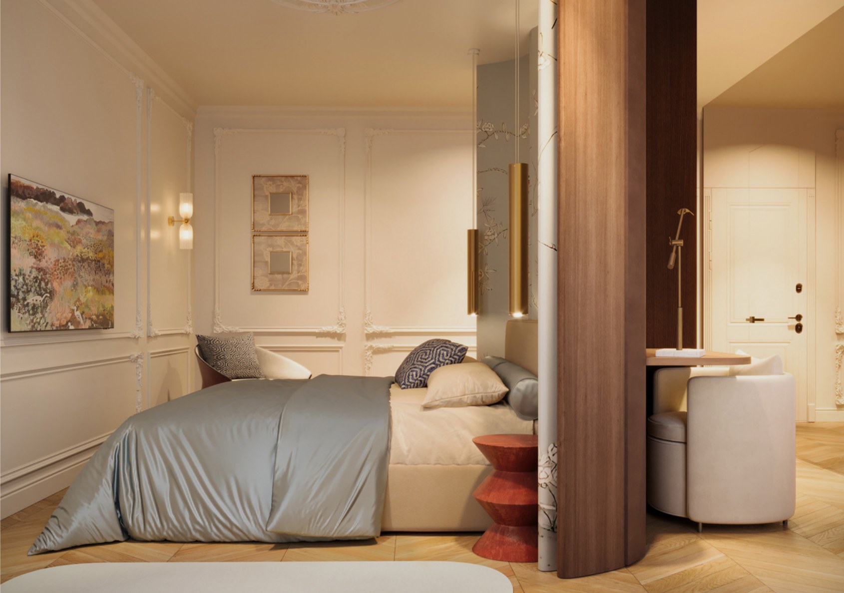 Daytime bedroom atmosphere with soft natural light and the curved screen