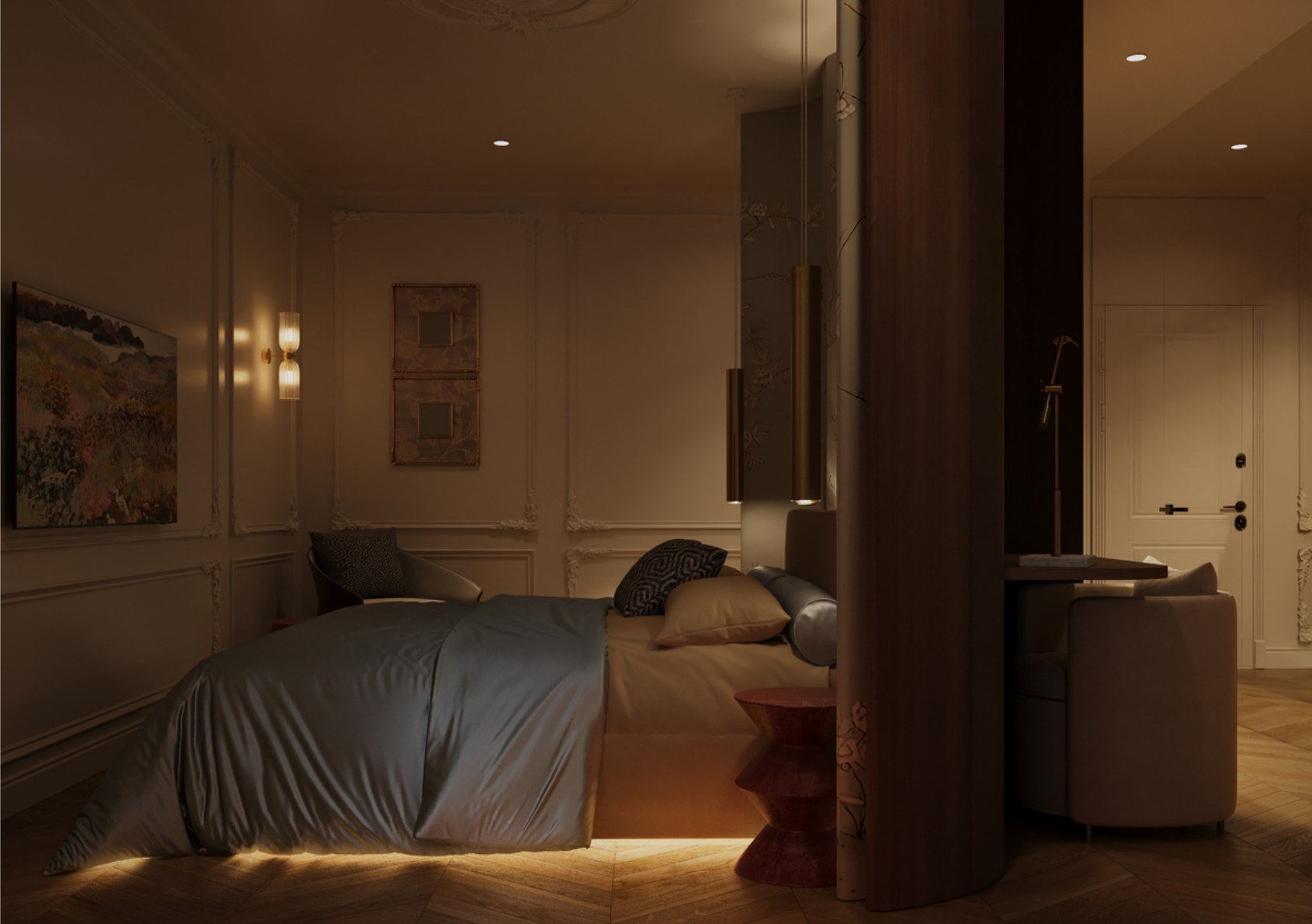 Evening bedroom atmosphere with dimmed warm light and quieter ambience