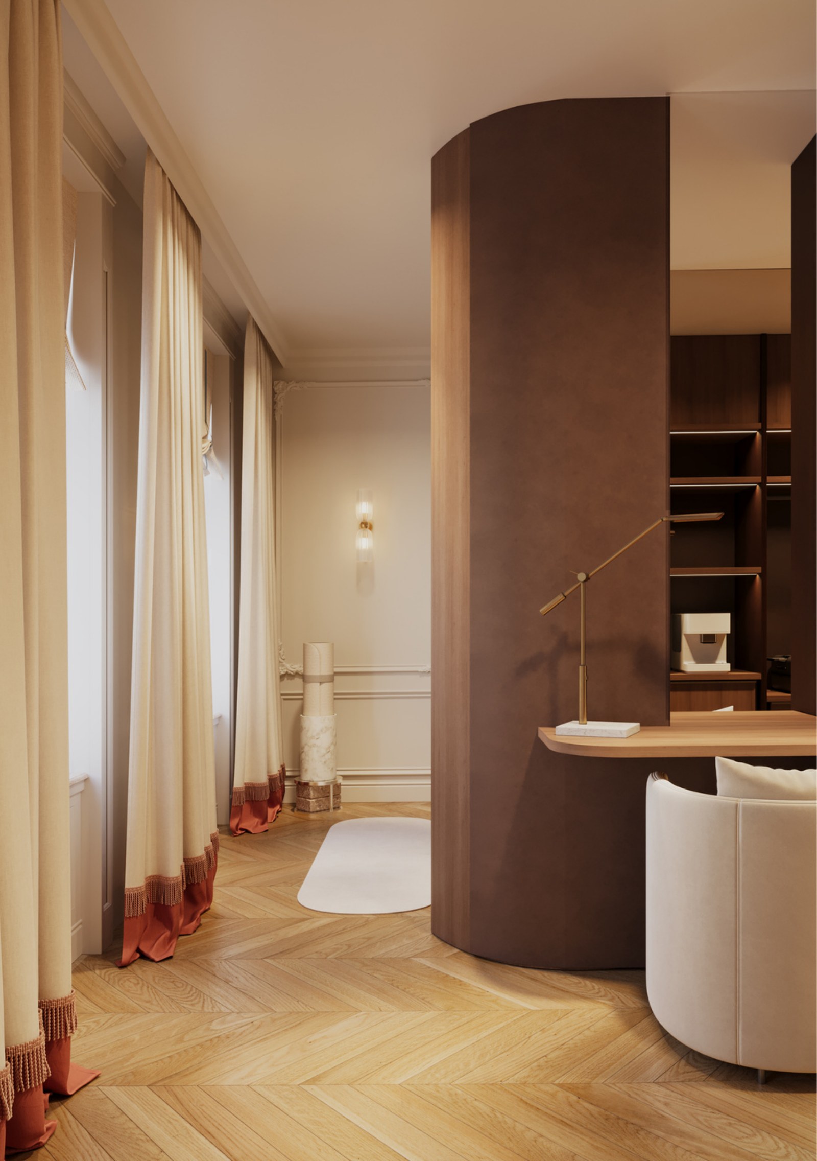 Curved architectural screen beside a yoga area and quiet lounge corner