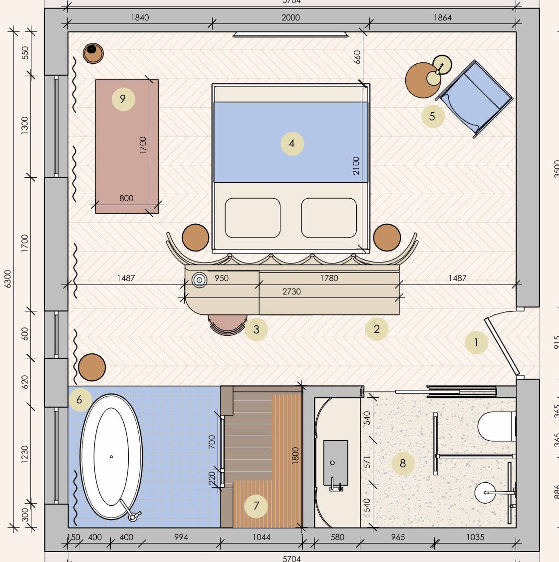 Complete furniture plan for Ora di Me showing entrance, wardrobe and luggage, writing corner, sleeping area, lounge, bath, sauna, bathroom and yoga area