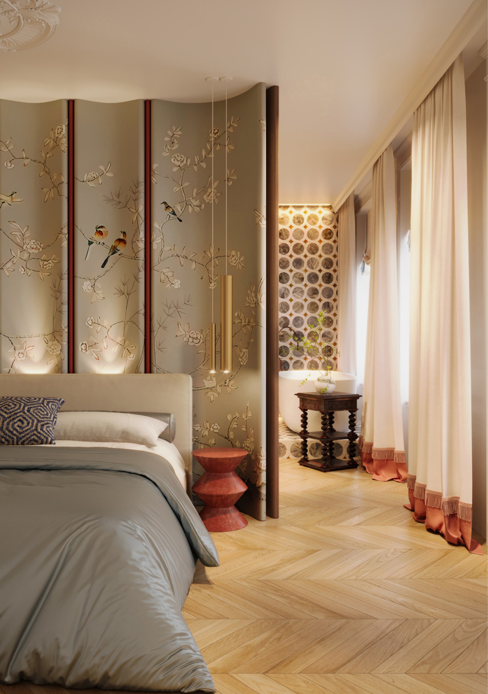 Ora di Me bedroom concept with a curved chinoiserie screen and a gentle, restorative atmosphere