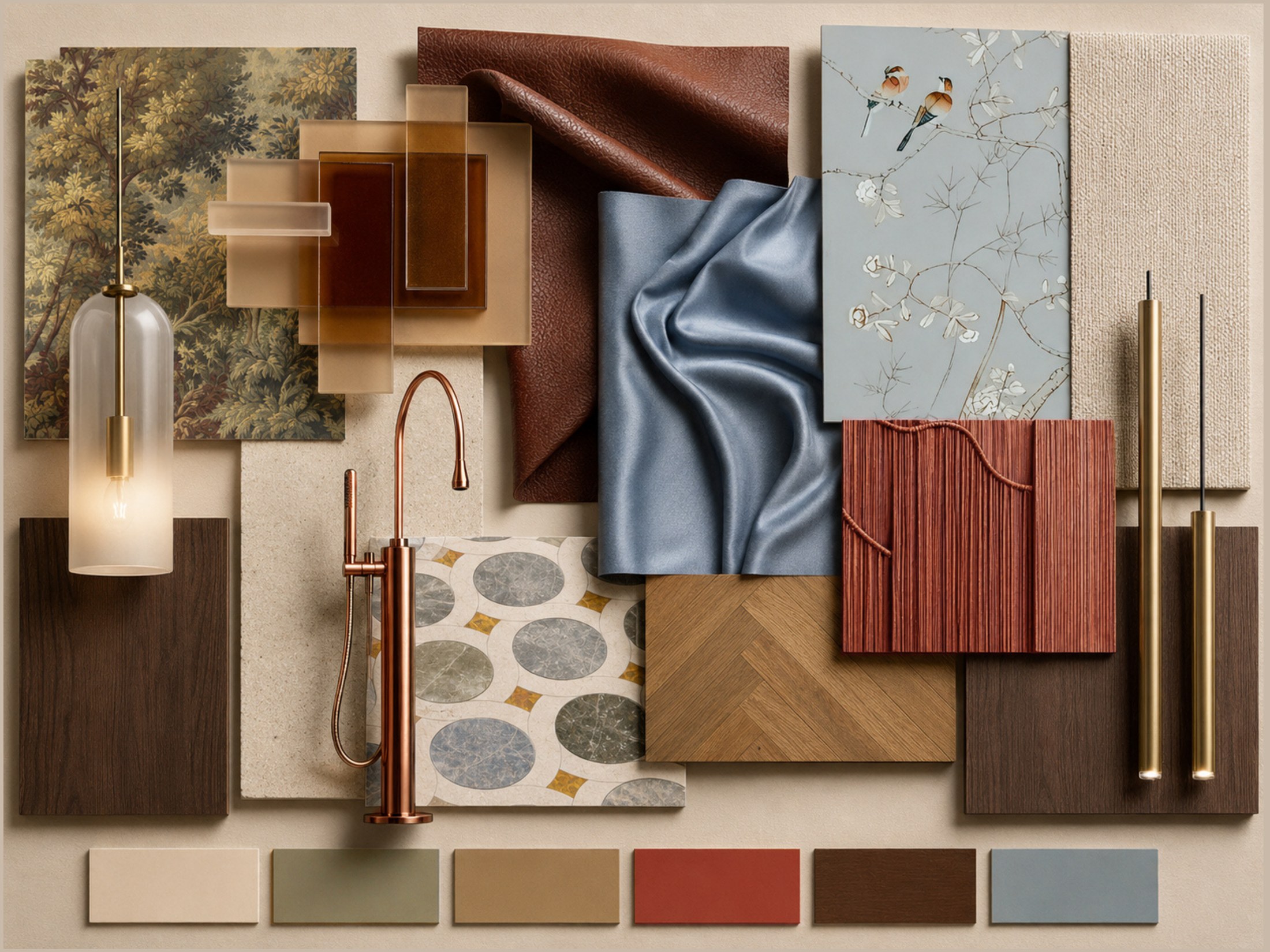 Material board with chinoiserie, warm timber, dusty blue textile, burgundy leather, brass, cream textile, patterned stone and decorative surfaces