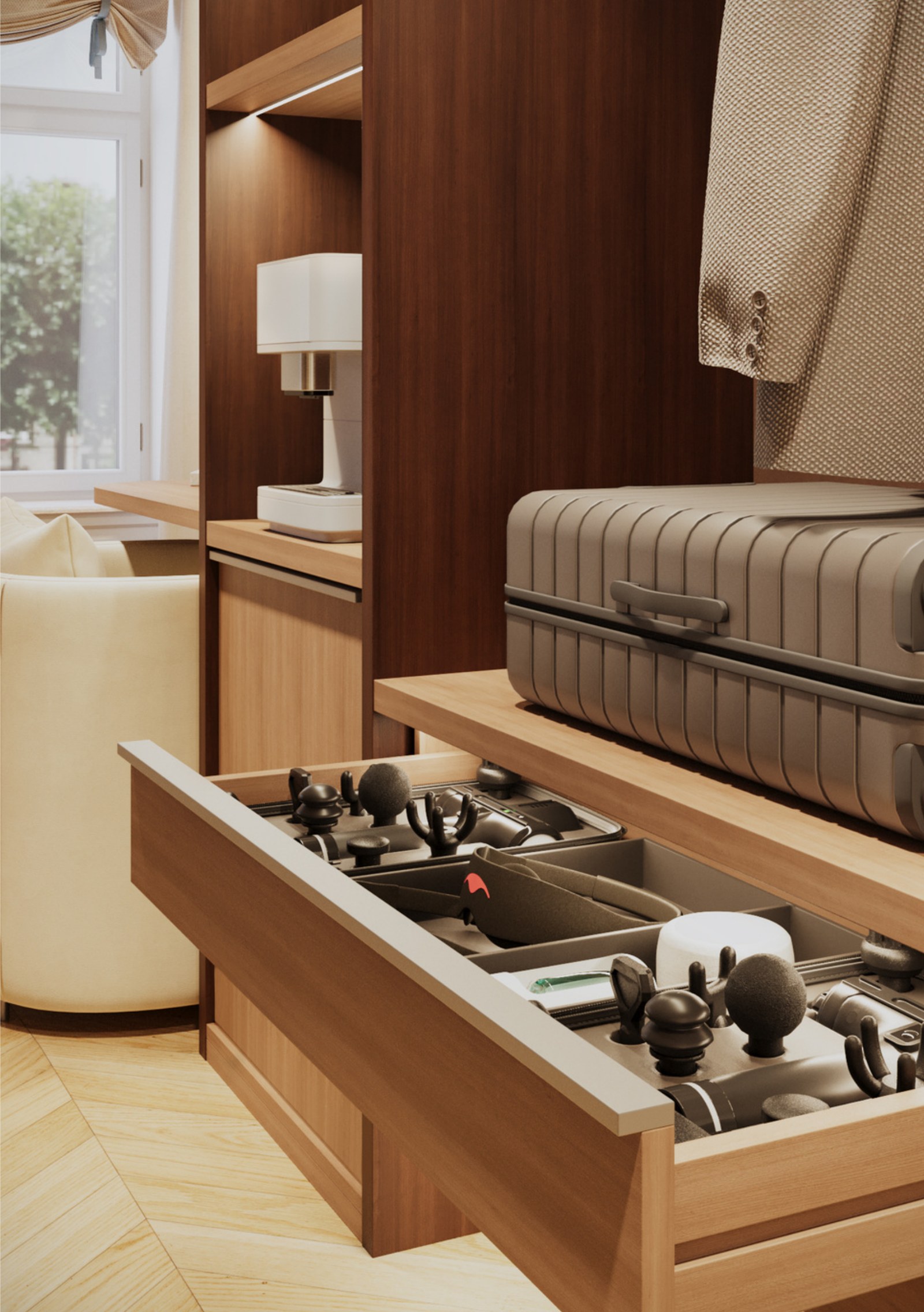 Open integrated wellness drawer with small recovery tools inside the room joinery