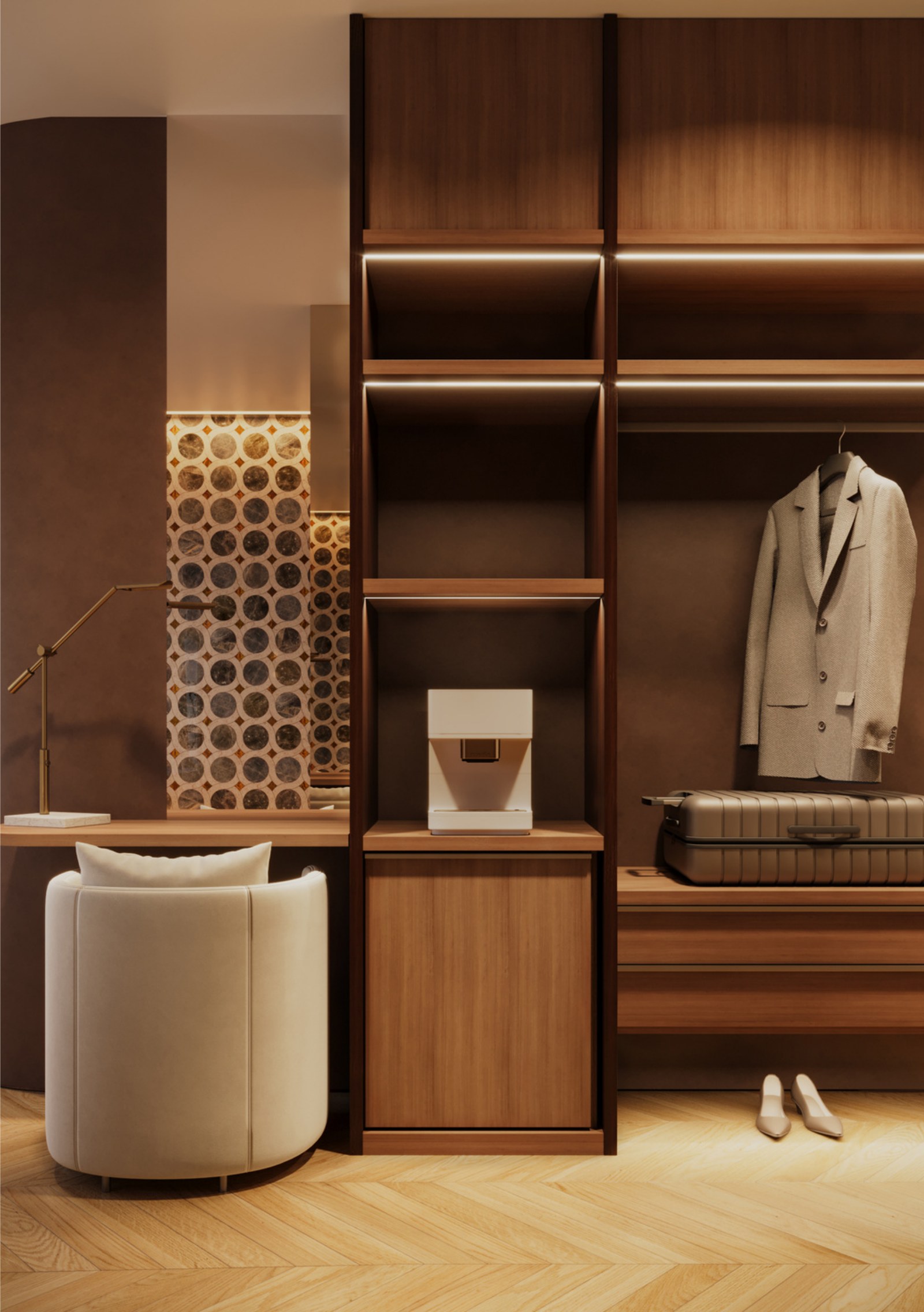 Tea, coffee and writing corner integrated into warm timber storage