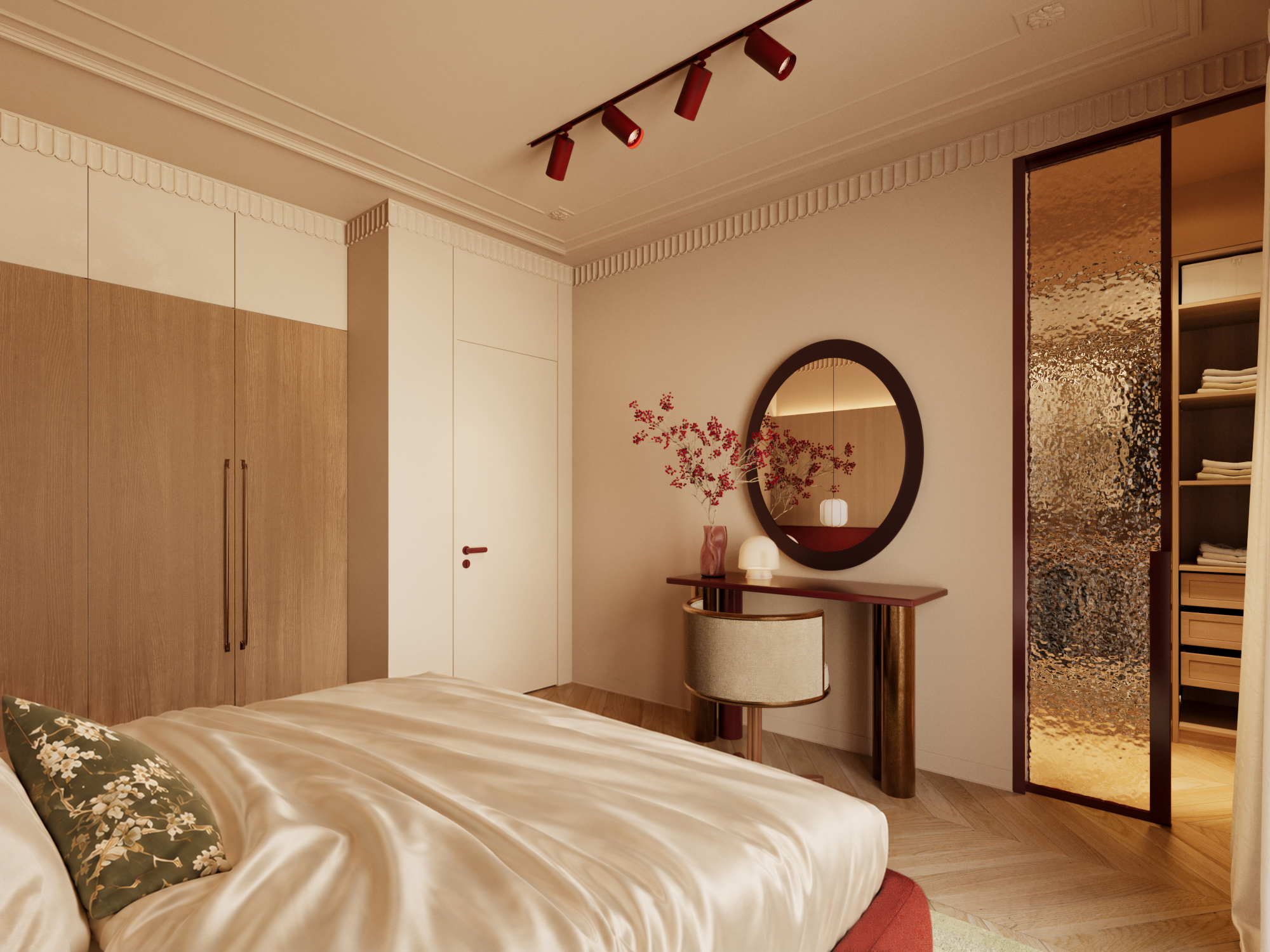 Master bedroom with oak cabinetry, a burgundy dressing table, a round mirror and a wardrobe with textured glass