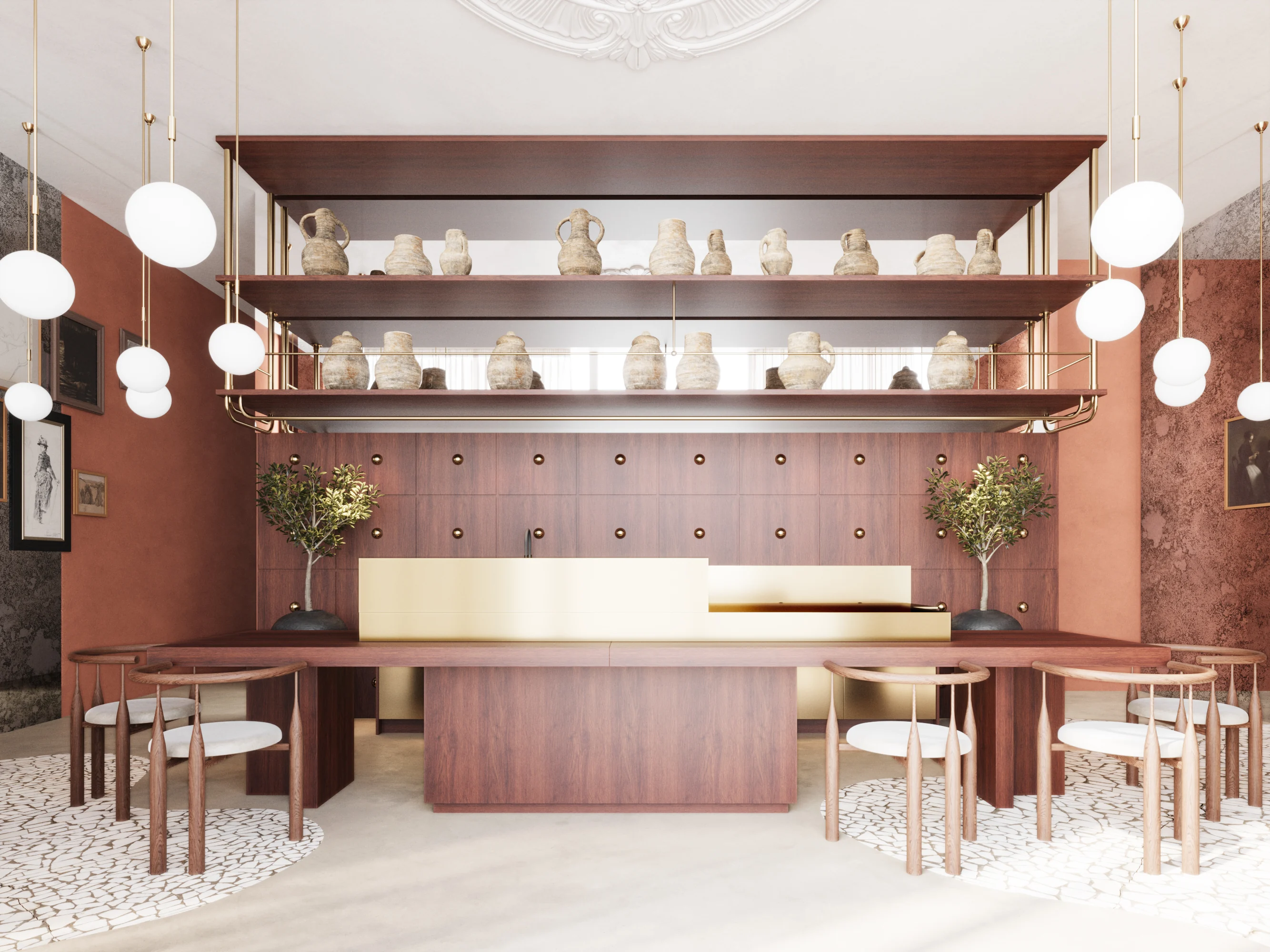 The reception counter and shelving wall with burgundy plaster, brass detailing and pendant lights