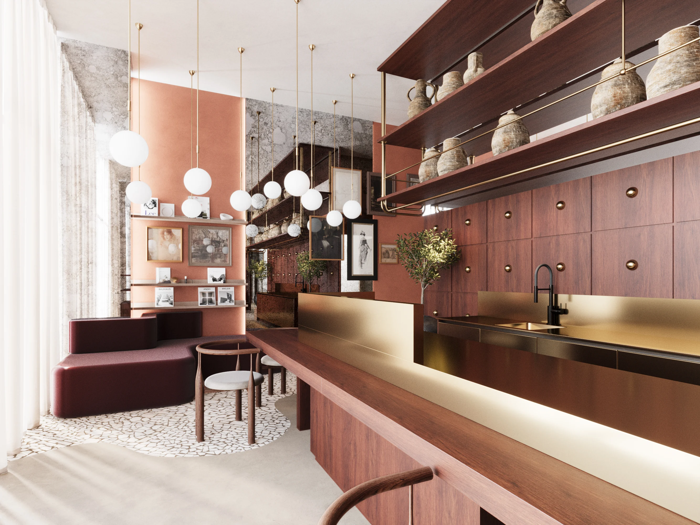 SCULPT Pilates Studio reception in Abu Dhabi with burgundy seating and brass counter details