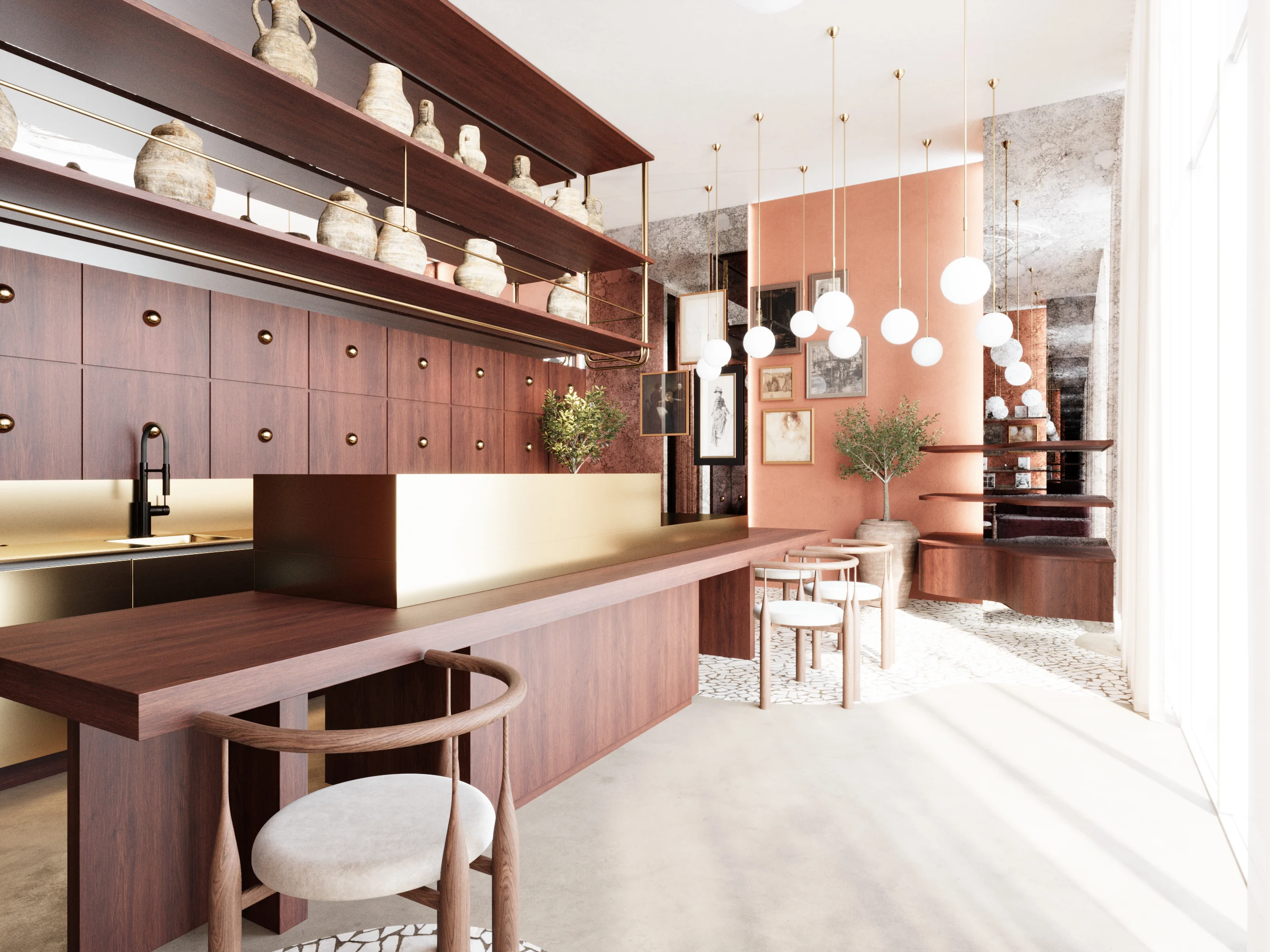Side view of the reception bar, stools, burgundy shelving and curved partition